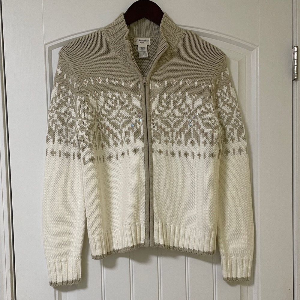 St. John's Bay Fair Isle Cream and Tan Cardigan Sweater with Sequin Detail